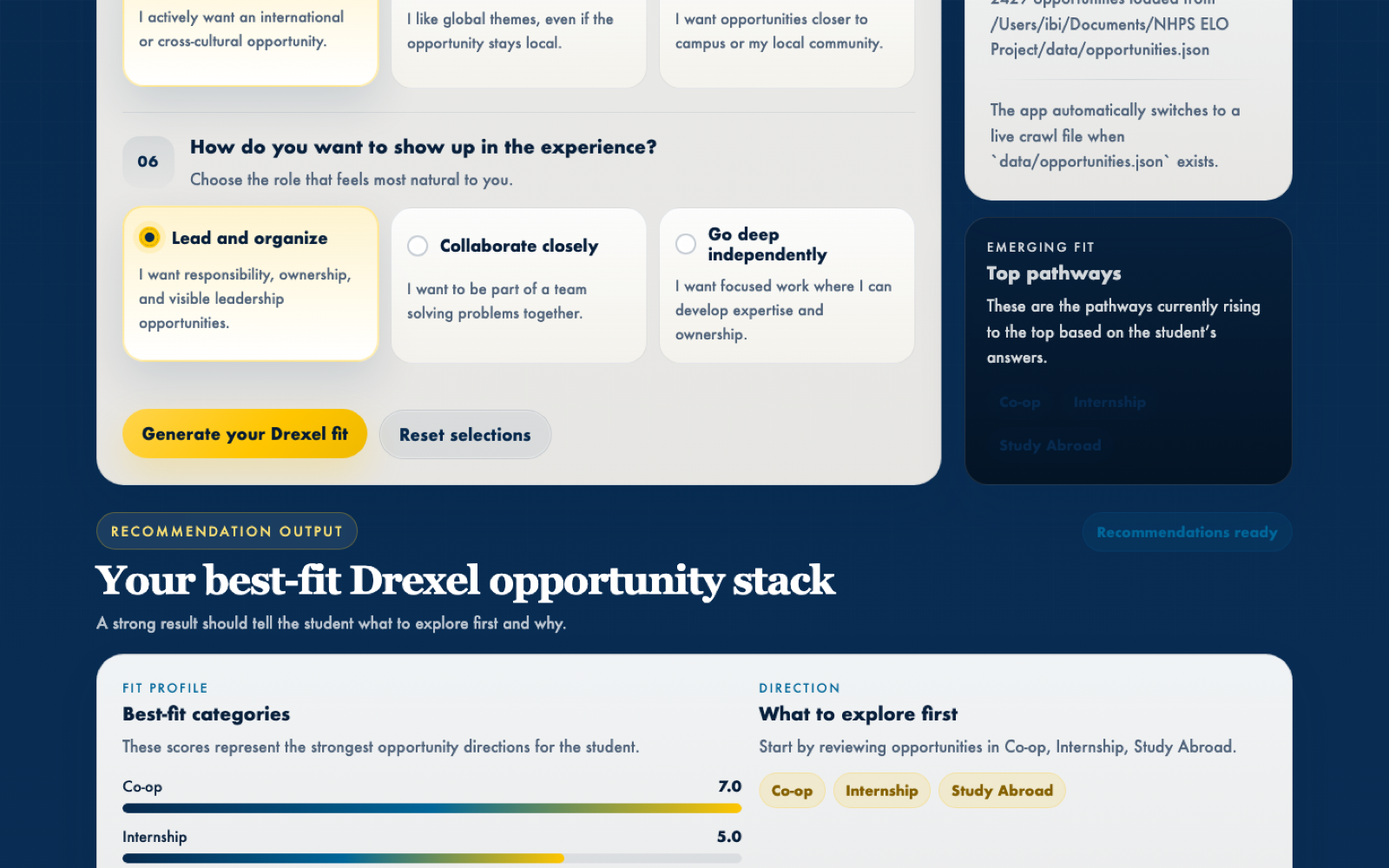 Recommendation output: best-fit categories and ranked opportunities